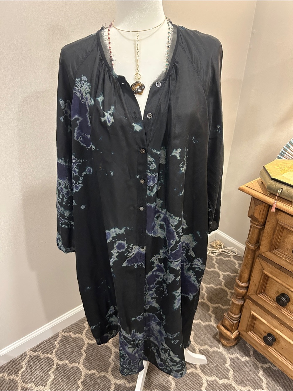 Raquel Allegra Black Long-Sleeve Floral Print Button Silk Dress